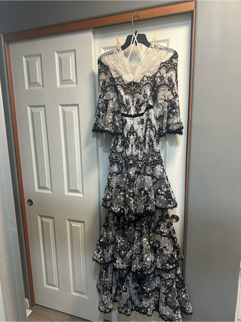Marchesa Black and White Lace Tiered Maxi Gown